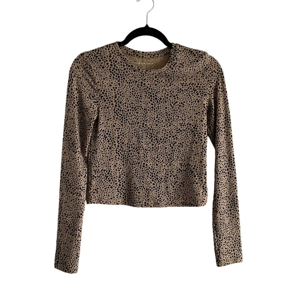 American Eagle Women SZ S Brown Animal Print Long Sleeve Cropped Sweater Top